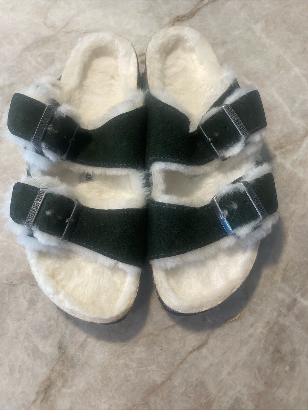Birkenstock Arizona Faux-Fur Lined Double Strap Mules - Dark Green & White NWOT